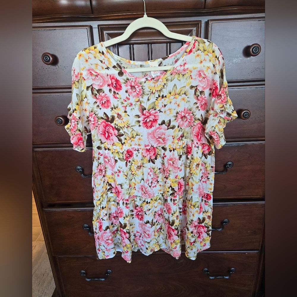 7th Ray Pink and Yellow Floral Blouse, Sz. S